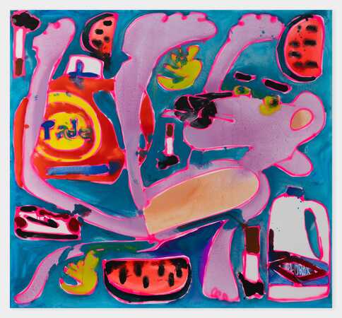 Katherine Bernhardt, Slip and fall, 2025, Acryl- und Sprühfarbe auf Leinwand, 182,9 × 198,1 cm, © Katherine Bernhardt. Courtesy die Künstlerin, Canada, und David Zwirner, New York